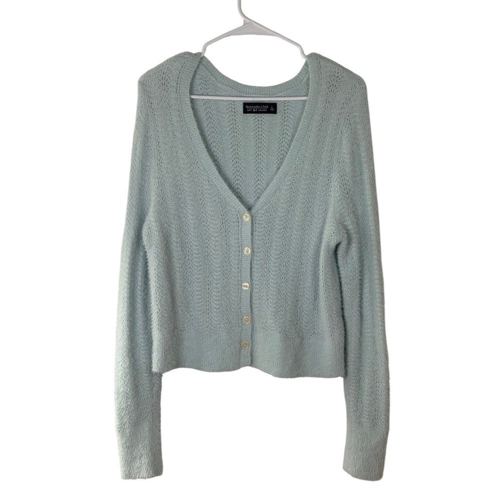Abercrombie & Fitch Soft AF Sweater Light Blue Pointelle Knit Cardigan Large